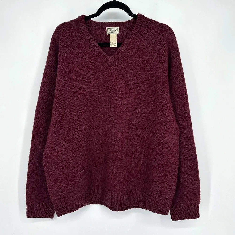 Vntg LL Bean Mens Knit Lambswool V Neck Sweater Burgundy Red L Christmas Holiday